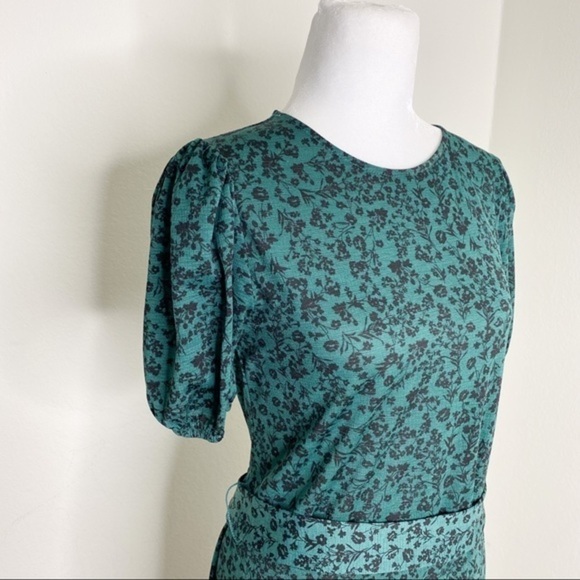 Zara green floral puffy sleeves midi dress - Picture 5 of 10